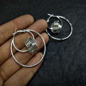Oxidised Silver Metal Double Hoop Crossed Earrings (Set of 1)